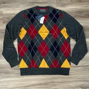 Club Room Gray Argyle Marino Wool Blend Crew Neck Knit Sweater Men Large NWT